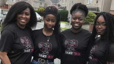 Good News Story: Nigerian Irish Teen Girls Win Prize For Dementia App 5 Evelyn Nomayo (left) was the mentor for the team that created the award-winning Memory Haven app: (left to right) Rachael Akano, Margarent Akano and Joy Njekwe.